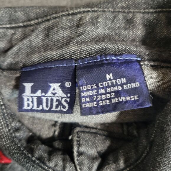 Vintage LA Blues Black Denim w/ Flames Applique Long Sleeve Shirt Size Medium - Picture 8 of 10
